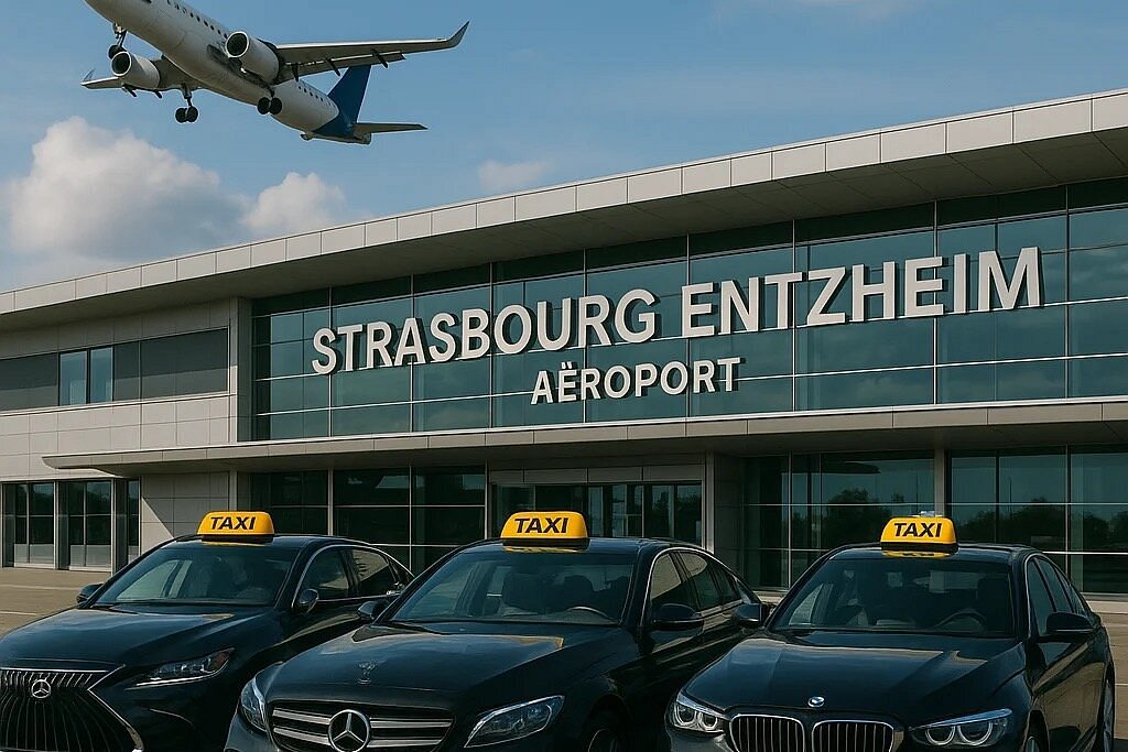 Taxis devant l’aéroport de Strasbourg-Entzheim avec un avion au décollage